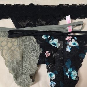PINK Victoria's Secret Lace Panty Trio - Black, Green, Pink